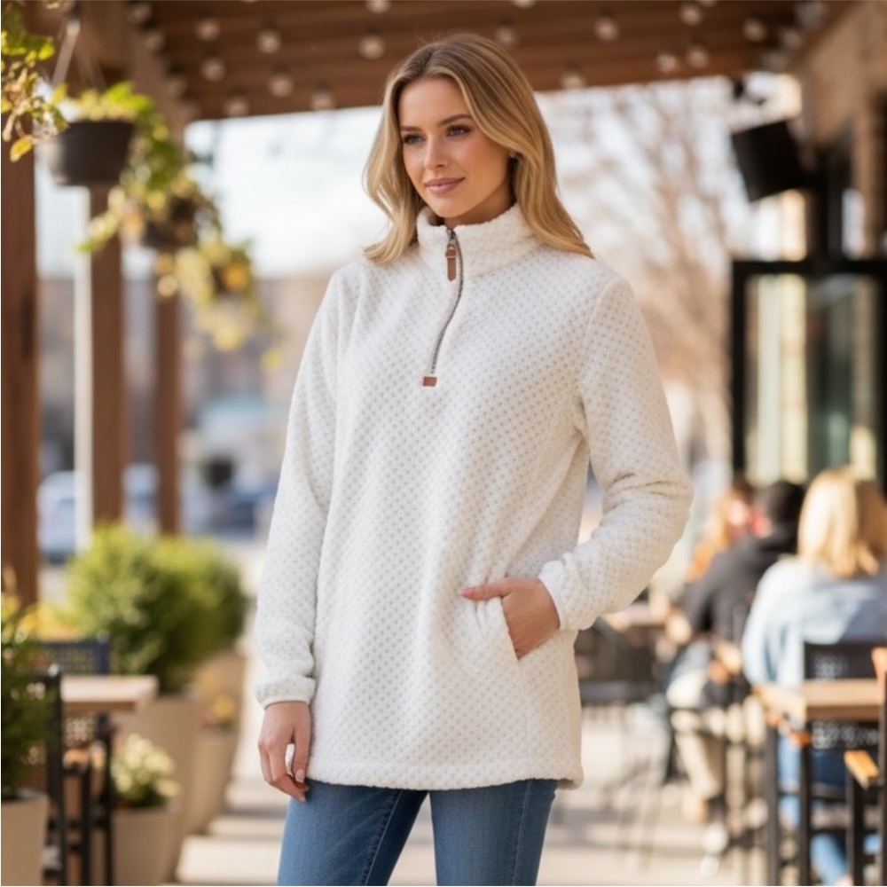 NEW•Cozy Ivory Quarter-Zip Fluffy Sherpa Jacket•XXL